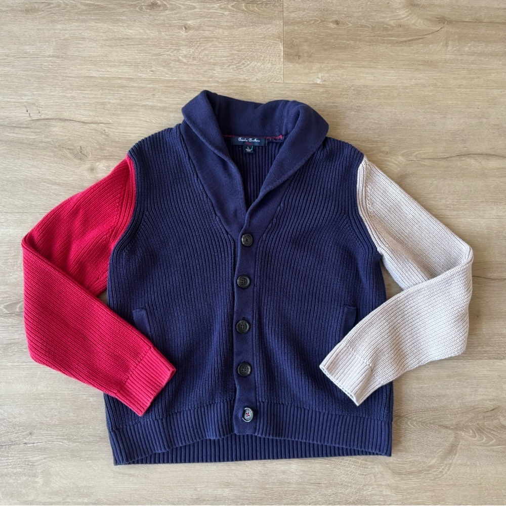 Vintage Brooks Brothers Navy Red Cream 100% Cotton Cardigan Size L Preppy